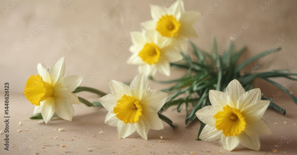 Obraz premium Delicate daffodils burst on textured paper Fresh spring scene, close-up , macro-photography, illustration, decoration