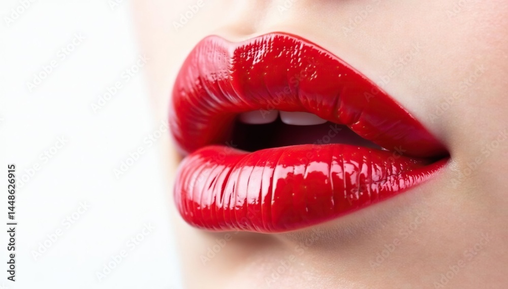 Close-up of luscious red lips against pure white backdrop, matte lipstick, beauty product Close-up of luscious red lips against pure white backdrop, matte lipstick, beauty product