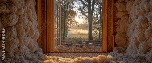 Sunrise view through a rustic wooden door framed by natural insulation