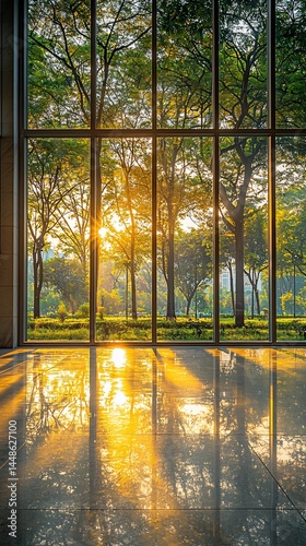 Sunrise through large windows, reflecting on floor