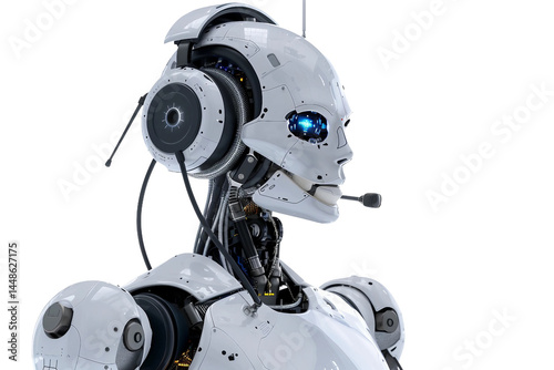 Robot assistant with a headset handling a phone call isolated on transparent background