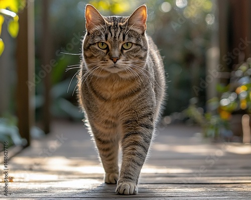 Tabby cat walking confidently on a wooden deck