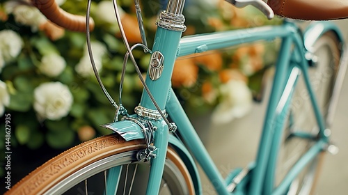 Teal bike with vintage details, surrounded by flowers