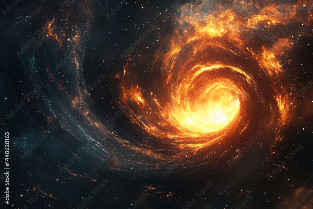 Obraz premium Exploring the vibrant swirling gases of a fiery black hole in deep space, Fiery black hole in deep space with swirling gases and intense colors Space concept