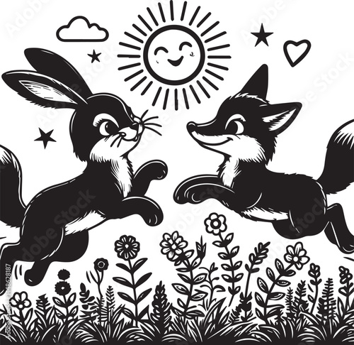 Friendly Rabbit and Fox Playfully Flying Through Fields. A whimsical black and white illustration of a rabbit and a fox joyfully flying through a field of flowers.