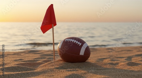 Football on the Beach with Red Flag at Sunset  