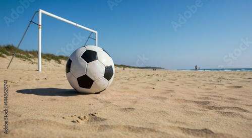 Soccer ball resting in a sandy beach with goalposts in background  