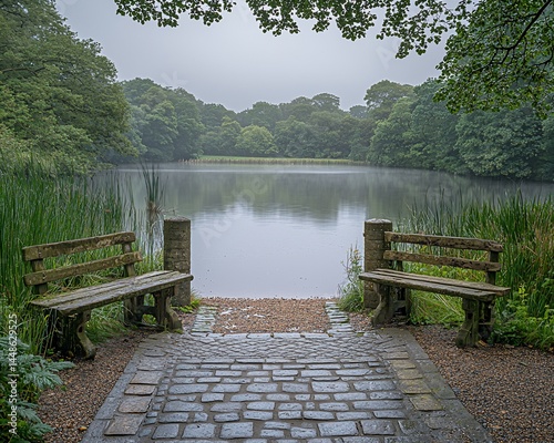 Tranquil lake scene with wooden benches