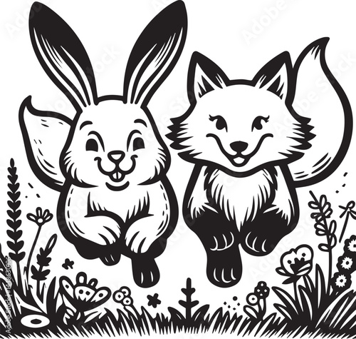 Friendly Rabbit and Fox Playfully Flying Through Fields. A whimsical black and white illustration of a rabbit and a fox joyfully flying through a field of flowers.