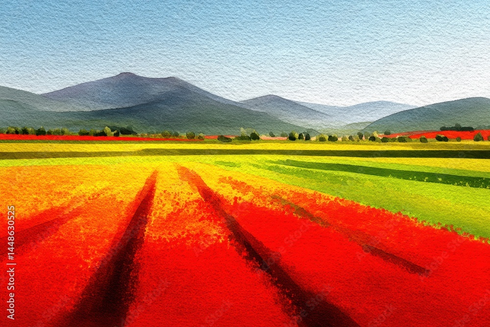 Fototapeta premium Watercolor landscape painting vibrant colorful field with mountains background artistic style serene mood nature beauty rural scene countryside charm idyllic view