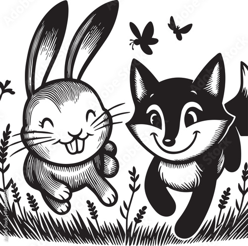 Friendly Rabbit and Fox Playfully Flying Through Fields. A whimsical black and white illustration of a rabbit and a fox joyfully flying through a field of flowers.