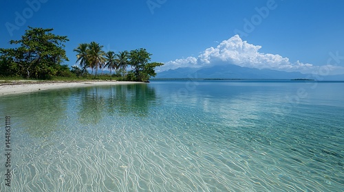 Tranquil tropical beach scene with crystal-clear water and lush vegetation