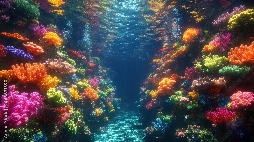 Naklejka premium Vibrant underwater scene of colorful coral reefs.
