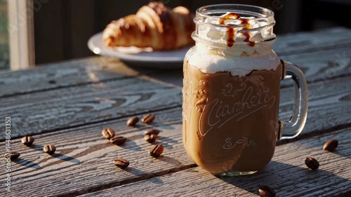 Iced coffee with caramel and croissant on rustic wooden table