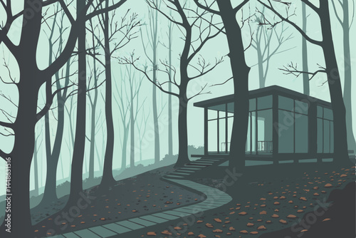 15 Dark misty forest, bare trees, eerie atmosphere, black and white photography, minimalist glass structure, wooden platform, surreal installation art, ethereal landscape, autumn leaves on ground, mys