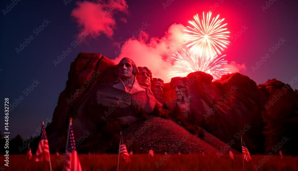 The iconic Mount Rushmore monument illuminated by vibrant red fireworks against a twilight sky video