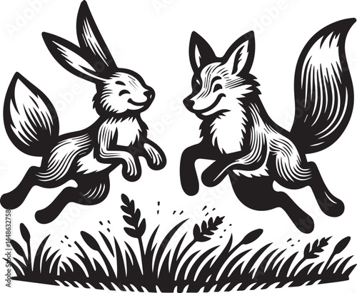 Friendly Rabbit and Fox Playfully Flying Through Fields. A whimsical black and white illustration of a rabbit and a fox joyfully flying through a field of flowers.