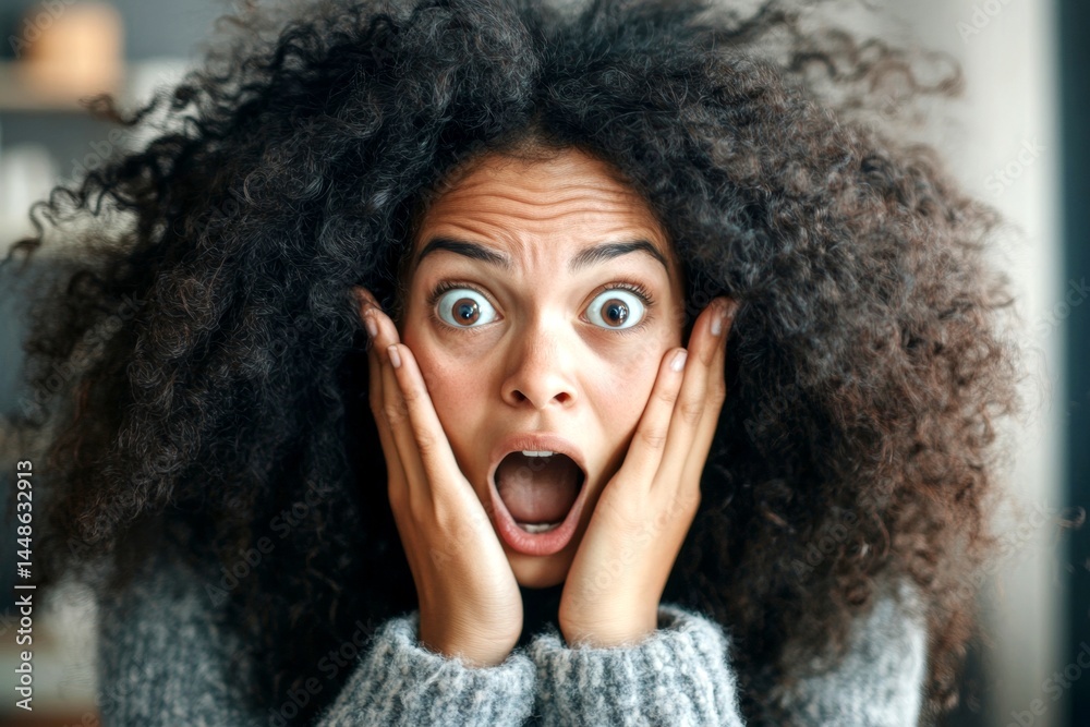 Pretty very astounded black girl - for ads, flyer and digital marketing marketing use. Commercial digital ads idea. Long hairdo - curly hair. Afro-american elegance. Black portrait advertising.
