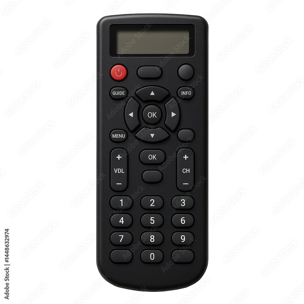 Modern black remote control unit with a comprehensive button layout for managing electronic device functions effectively. Modern black remote control unit with a comprehensive button layout for managing electronic device functions effectively.