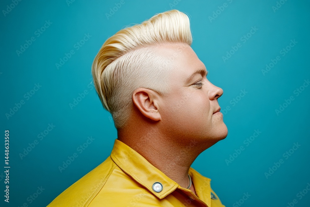 Blue solid background. A gentle smile lighting up a male’s face. Classy men's short rebellious haircut - midlife white man with blond hair. Visual idea of style for aging men.