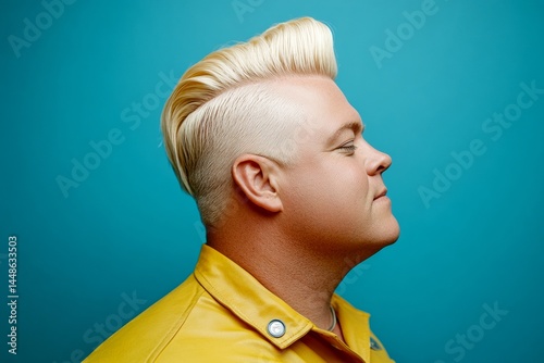 Obraz na płótnie Blue solid background. A gentle smile lighting up a male’s face. Classy men's short rebellious haircut - midlife white man with blond hair. Visual idea of style for aging men. w salonie