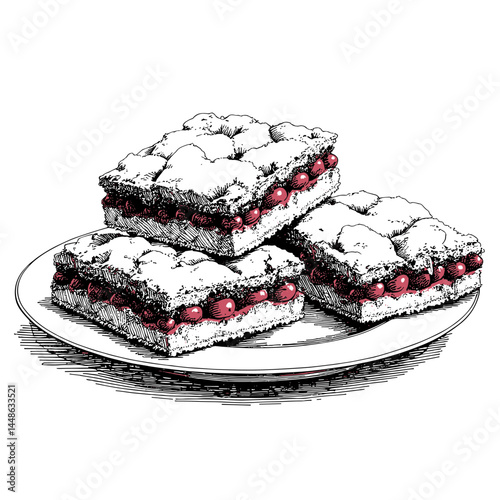 Vintage black and white sketch of berry crumble bars on a plate, food illustration for culinary blogs and recipe websites