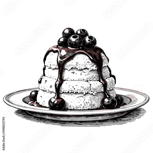 Vintage black and white sketch of baked Alaska with berry sauce, dessert concept for culinary art enthusiasts