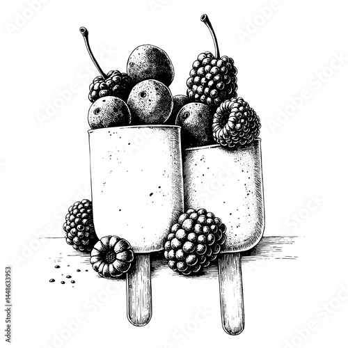 Vintage black and white sketch of yogurt popsicles with frozen berries, ideal for culinary blogs and recipe websites