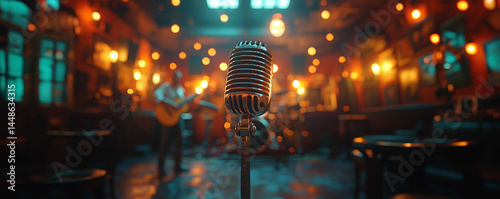 Vintage microphone on stage in a warmly lit music venue with blurred band in the background, evoking live performance, nightlife, and entertainment