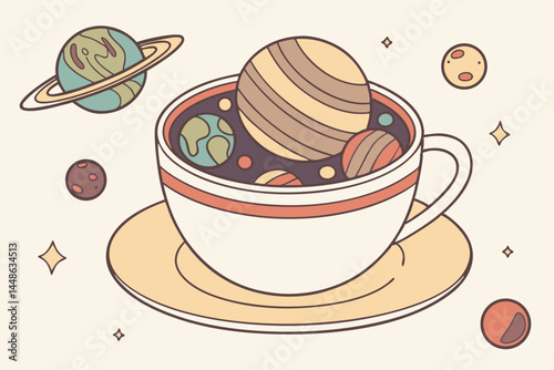 17 Miniature solar system model in a teacup, colorful planets, Saturn with rings, Earth globe, celestial spheres, ceramic cup and saucer, astronomical art, macro photography, shallow depth of field, s