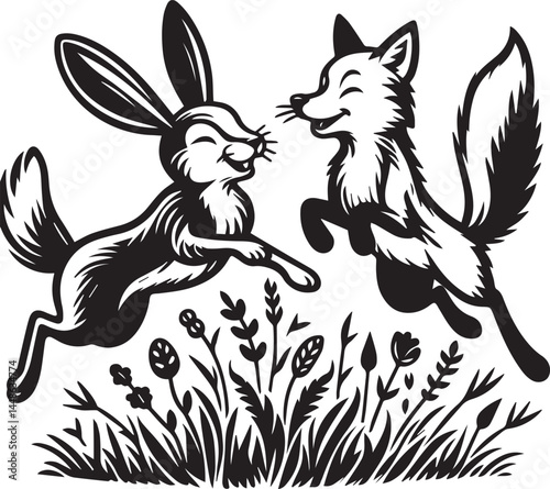 Friendly Rabbit and Fox Playfully Flying Through Fields. A whimsical black and white illustration of a rabbit and a fox joyfully flying through a field of flowers.
