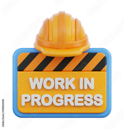 3D Render of Work in Progress Sign with Helmet and Striped Caution Banner
