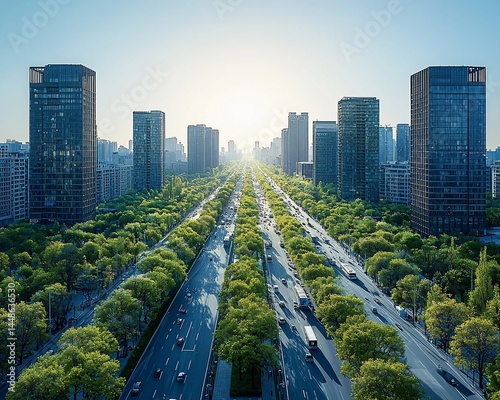 Urban avenue lined with trees, stretching towards a bright sunrise, amidst modern skyscrapers.  Green spaces amidst concrete jungle