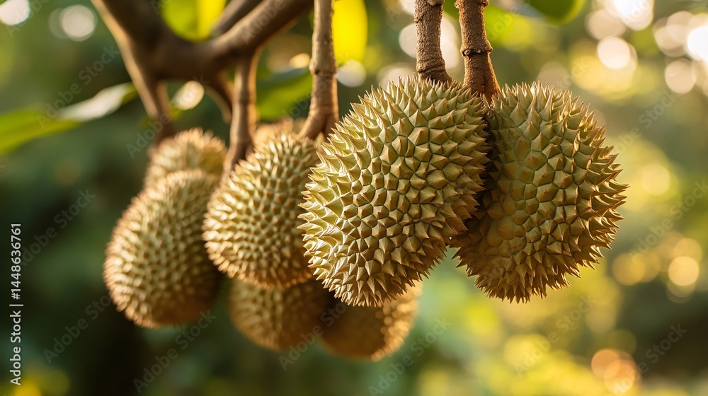 Sharp Spiky Durian Fruits Displayed Amongst Lush Green Leaves Sharp Spiky Durian Fruits Displayed Amongst Lush Green Leaves