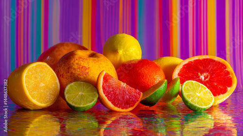 Vibrant fruit still life showcases summer citrus in colorful pop art style Generative AI photo