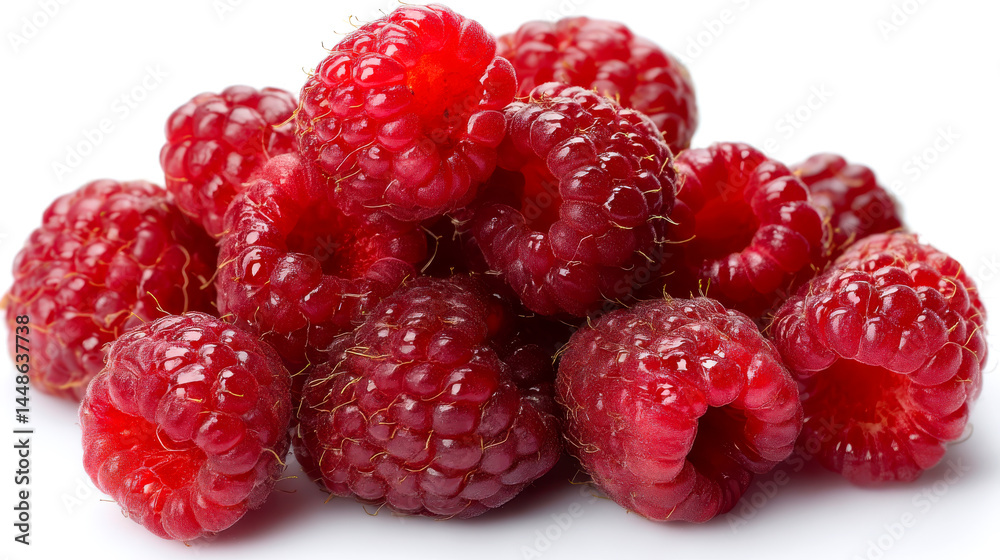 High-resolution close-up of fresh raspberries on a white background Generative AI High-resolution close-up of fresh raspberries on a white background Generative AI