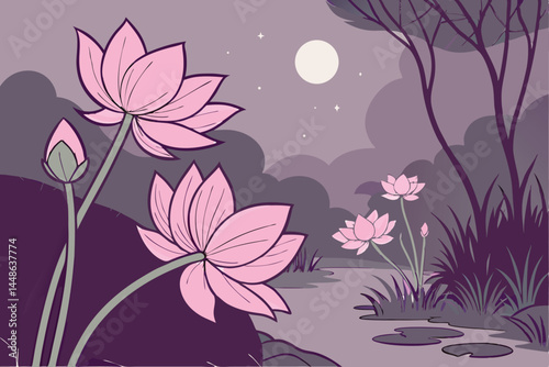 19 Ethereal lotus flowers, dark purple misty background, dreamy water reflections, pink petals, long stems, mystical atmosphere, panoramic view, digital painting style, surreal floral landscape, soft 