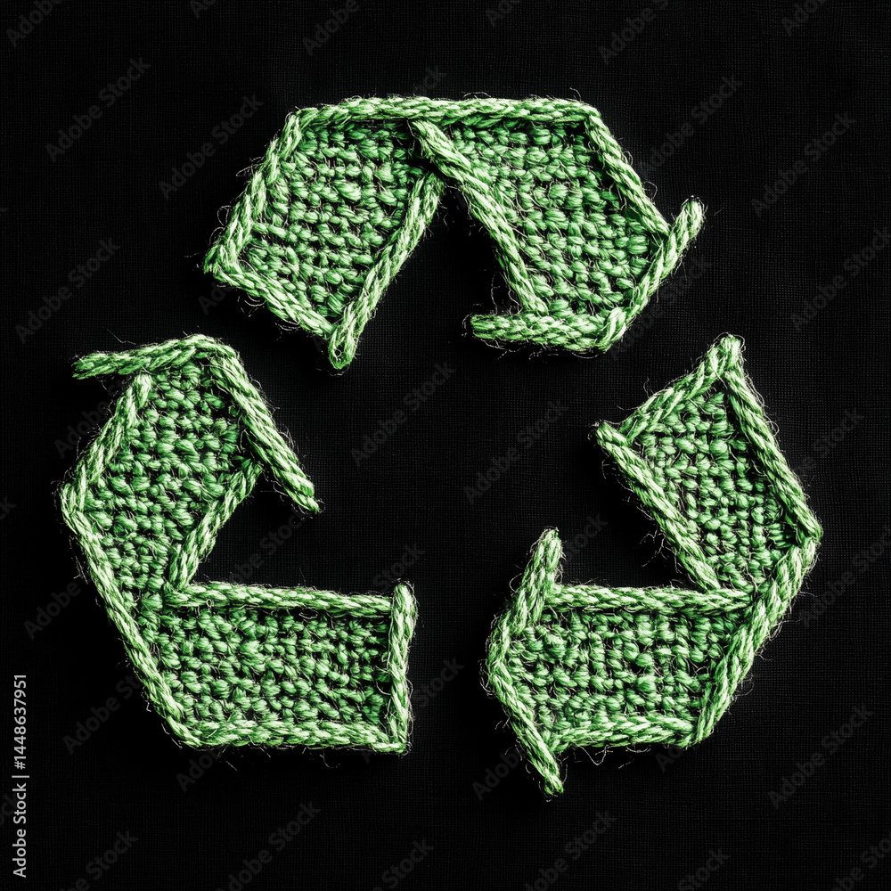 Símbolo de reciclagem verde com costura detalhada e textura de linha visível. Ícone ecológico sobre fundo claro, representando conservação ambiental e design sustentável artesanal