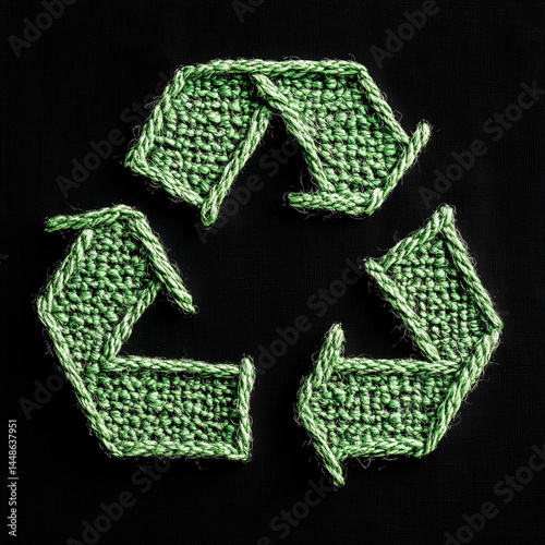 Obraz na płótnie Símbolo de reciclagem verde com costura detalhada e textura de linha visível. Ícone ecológico sobre fundo claro, representando conservação ambiental e design sustentável artesanal w salonie