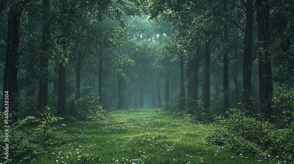 Fototapeta premium Lush, verdant forest path bathed in soft, diffused light.