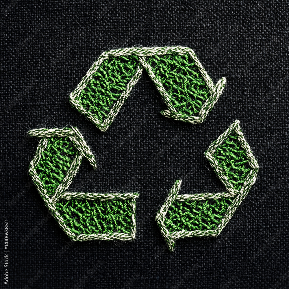 Símbolo de reciclagem verde com costura detalhada e textura de linha visível. Ícone ecológico sobre fundo claro, representando conservação ambiental e design sustentável artesanal