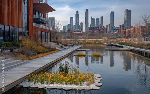 Urban oasis with modern architecture and tranquil water features