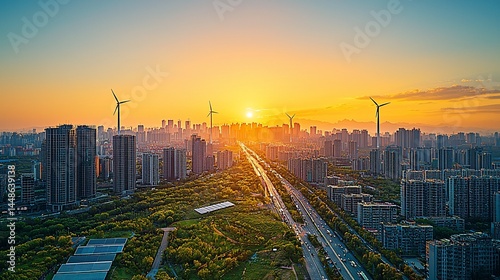 Urban panorama at sunset with wind turbines. Lush greenery, modern cityscapes, and a highway
