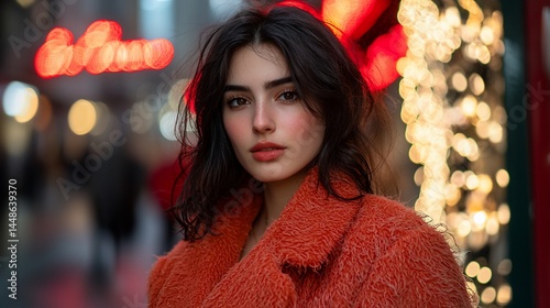 Urban portrait of a woman in a coral coat