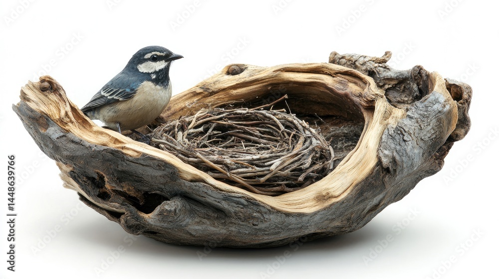Fototapeta premium A small bird perches on the edge of a hollowed-out log, a nest made of twigs sits inside the log.