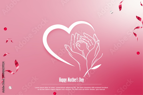 Happy Mother's Day greeting card design a white line art illustration of a mother's hands gently holding a child's hand inside a heart shape, on a pink gradient background with festive ribbon accents