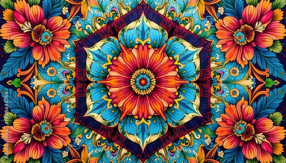 Intricate floral pattern within a bold geometric hexagon , nature, seamless, illustration Intricate floral pattern within a bold geometric hexagon , nature, seamless, illustration