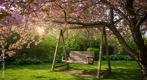 Blooming Canopy And Gentle Swing Create Serene Outdoor Springtime Scene