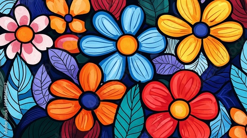 Vibrant floral pattern with various colored flowers and leaves