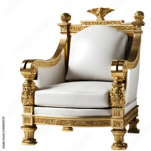 Roman Empire inspired marble and gold inlay armchair isolated on a empty plain background